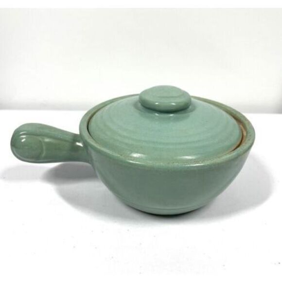 Vintage Green Pottery Ringware Pot Size Small Lid + Handled Bowl - Picture 1 of 8
